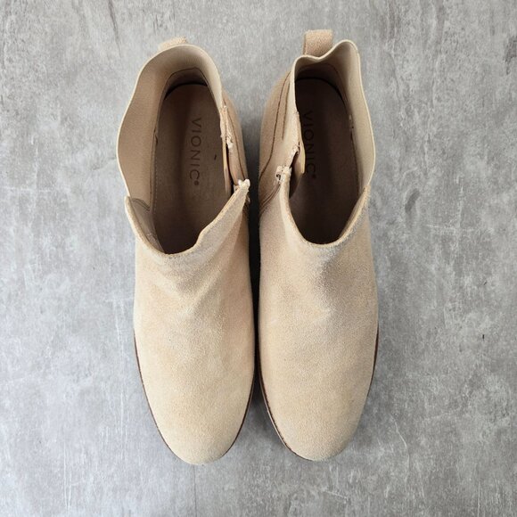 Vionic Ankle Booties Sz 11 Waterproof Tan Beige Suede Orthopedic Comfort Boots - Picture 2 of 12